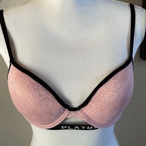 Playboy Bunny Pink Lace Overlay Graphic Underwire Padded Bra